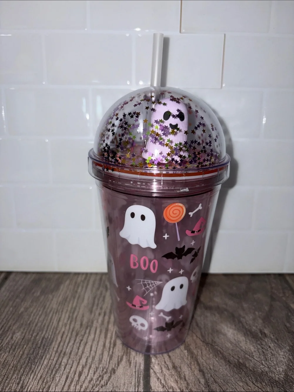 RARE Pink Halloween 3D Ghost Glitter Dome Party Cup 16oz Double Wall Tumbler